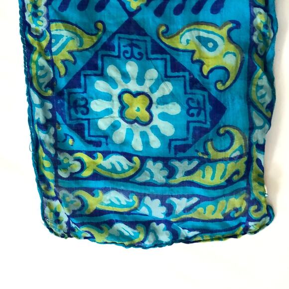Silk Scarf Blue and Green Floral Geometric Bow 38" Long Office Retro Vintage - Picture 5 of 8